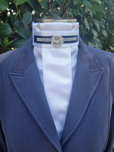 Load image into Gallery viewer, ERA EURO KARA Stock Tie - White pleated satin with navy & crystal trim and brooch