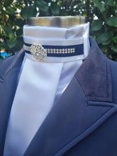 Load image into Gallery viewer, ERA EURO KARA Stock Tie - White pleated satin with navy & crystal trim and brooch