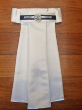 Load image into Gallery viewer, ERA EURO KARA Stock Tie - White pleated satin with navy & crystal trim and brooch