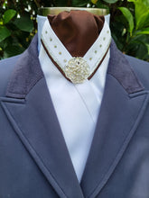 Load image into Gallery viewer, ERA SOPHIE STOCKTIE - White & brown with silver metallic & brown V piping, Swarovski crystals and silver brooch