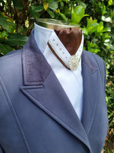 Load image into Gallery viewer, ERA SOPHIE STOCKTIE - White & brown with silver metallic & brown V piping, Swarovski crystals and silver brooch