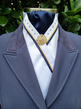 Load image into Gallery viewer, ERA SOPHIE STOCKTIE - White & navy with gold & navy piping, crystals and gold brooch