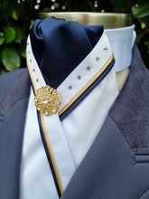 Load image into Gallery viewer, ERA SOPHIE STOCKTIE - White & navy with gold & navy piping, crystals and gold brooch