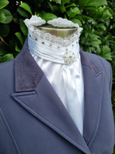 Load image into Gallery viewer, ERA EURO BELLE with Crystals Stock Tie - White lustre satin with lace frill, crystals on neck and brooch