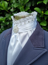Load image into Gallery viewer, ERA EURO BELLE with Crystals Stock Tie - White lustre satin with lace frill, crystals on neck and brooch
