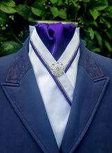 Load image into Gallery viewer, ERA RACHAEL STOCK TIE - White satin & purple with silver and purple piping & brooch