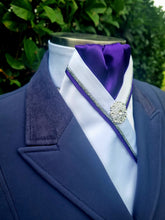Load image into Gallery viewer, ERA RACHAEL STOCK TIE - White satin & purple with silver and purple piping & brooch