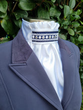 Load image into Gallery viewer, ERA EURO REGAL STOCK TIE - White satin with navy ribbon and lace trim with crystals