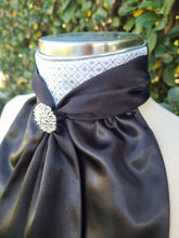 Load image into Gallery viewer, ERA Elle Stock Tie - Black Satin with Soft Ties and Diamond Brocade insert & brooch