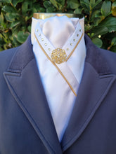 Load image into Gallery viewer, ERA SOPHIE STOCK TIE - White satin with gold piping, Swarovski crystals & brooch