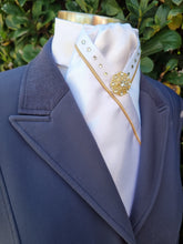 Load image into Gallery viewer, ERA SOPHIE STOCK TIE - White satin with gold piping, Swarovski crystals & brooch