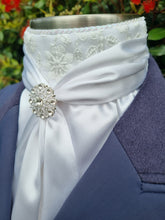 Load image into Gallery viewer, ERA ELLE Pre-tied Stock Tie - White satin Soft Ties with Embroidered Lace Centre and silver brooch
