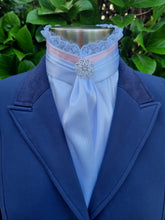 Load image into Gallery viewer, EURO BELLE STOCK TIE - White lustre satin with pink ribbon & lace trim, silver brooch