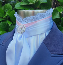 Load image into Gallery viewer, EURO BELLE STOCK TIE - White lustre satin with pink ribbon & lace trim, silver brooch