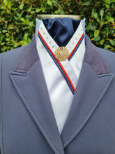 Load image into Gallery viewer, ERA SOPHIE STOCKTIE - White & navy with red & navy piping, Swarovski crystals and brooch