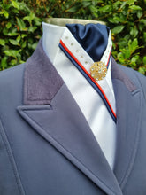 Load image into Gallery viewer, ERA SOPHIE STOCKTIE - White & navy with red & navy piping, Swarovski crystals and brooch