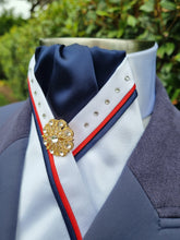 Load image into Gallery viewer, ERA SOPHIE STOCKTIE - White & navy with red & navy piping, Swarovski crystals and brooch