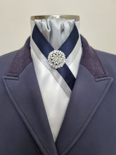 Load image into Gallery viewer, ERA ZARA STOCK TIE - White satin in silver and navy with silver brooch