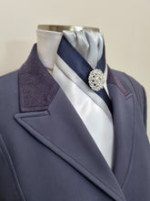 Load image into Gallery viewer, ERA ZARA STOCK TIE - White satin in silver and navy with silver brooch
