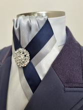 Load image into Gallery viewer, ERA ZARA STOCK TIE - White satin in silver and navy with silver brooch