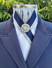 Load image into Gallery viewer, ERA ZARA STOCK TIE - White satin in silver and navy with silver brooch
