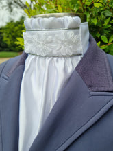 Load image into Gallery viewer, ERA Euro Lyndal Regal Stock tie - White Satin with Roses trim and silver metallic piping