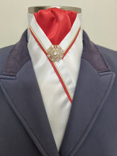 Load image into Gallery viewer, ERA RACHAEL STOCK TIE - White satin with red centre, gold & red piping, gold brooch