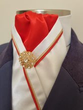 Load image into Gallery viewer, ERA RACHAEL STOCK TIE - White satin with red centre, gold & red piping, gold brooch