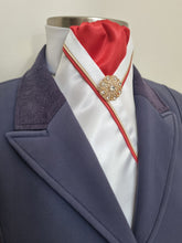 Load image into Gallery viewer, ERA RACHAEL STOCK TIE - White satin with red centre, gold & red piping, gold brooch
