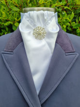 Load image into Gallery viewer, ERA DEB STOCK TIE - White satin with lace trim, rose gold & clear crystals & brooch