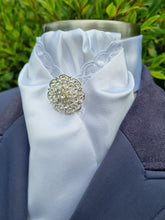 Load image into Gallery viewer, ERA DEB STOCK TIE - White satin with lace trim, rose gold & clear crystals & brooch
