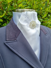 Load image into Gallery viewer, ERA DEB STOCK TIE - White satin with lace trim, rose gold & clear crystals & brooch