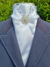 Load image into Gallery viewer, ERA DEB STOCK TIE - White satin with lace trim, rose gold & clear crystals & brooch