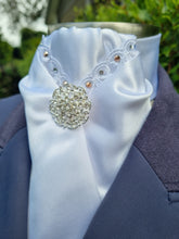 Load image into Gallery viewer, ERA DEB STOCK TIE - White satin with lace trim, rose gold & clear crystals & brooch