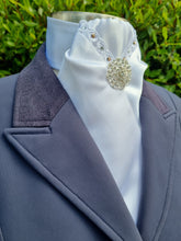 Load image into Gallery viewer, ERA DEB STOCK TIE - White satin with lace trim, rose gold & clear crystals & brooch
