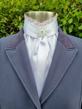 Load image into Gallery viewer, EURO BELLE STOCK TIE - White lustre satin with pink & white lace & brooch