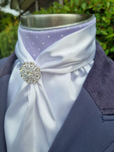 Load image into Gallery viewer, ERA Elle Stock Tie Plastron - White Satin with Dainty White Spot on Pale Lilac and Brooch