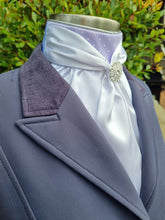 Load image into Gallery viewer, ERA Elle Stock Tie Plastron - White Satin with Dainty White Spot on Pale Lilac and Brooch