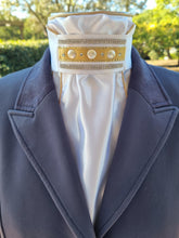 Load image into Gallery viewer, ERA Euro Lyndal Regal Stock Tie - White Satin with gold & crystal trims and pearl cabochons