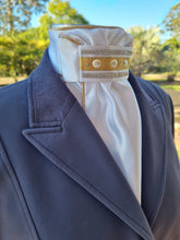 Load image into Gallery viewer, ERA Euro Lyndal Regal Stock Tie - White Satin with gold & crystal trims and pearl cabochons