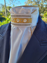 Load image into Gallery viewer, ERA Euro Lyndal Regal Stock Tie - White Satin with gold & crystal trims and pearl cabochons