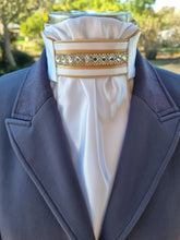 Load image into Gallery viewer, ERA Euro Lyndal Regal Stock tie - White Satin with Gold & diamond crystal trim