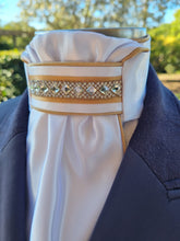 Load image into Gallery viewer, ERA Euro Lyndal Regal Stock tie - White Satin with Gold & diamond crystal trim
