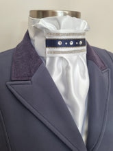 Load image into Gallery viewer, ERA Euro Lyndal Regal Stock Tie - White Satin with navy or Black ribbon and crystal trim