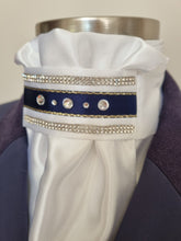 Load image into Gallery viewer, ERA Euro Lyndal Regal Stock Tie - White Satin with navy or Black ribbon and crystal trim