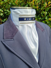 Load image into Gallery viewer, ERA Euro Lyndal Regal Stock Tie - White Satin with navy or Black ribbon and crystal trim