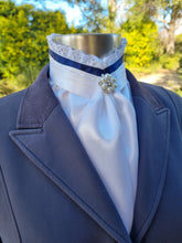 Load image into Gallery viewer, ERA EURO BELLE Stock Tie - White satin with Navy blue trim, lace frill and brooch