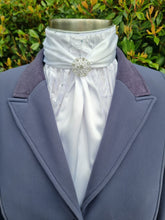 Load image into Gallery viewer, ERA Elle Pre-tied Stock Tie Plastron - White Satin Soft Ties Full Body Flock Georgette & Brooch