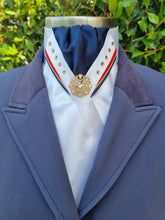 Load image into Gallery viewer, ERA SOPHIE/Siena STOCKTIE - White & navy with red, gold & navy "V" piping, gold tone crystals and gold brooch