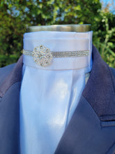 Load image into Gallery viewer, ERA EURO KARA Stock Tie - White pleated satin with crystal trim and brooch